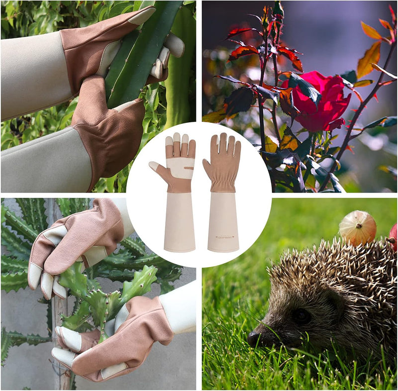 Handlandy Bundle - 2 Pairs of Long Pigskin Leather Pruning Gloves & Cowhide Leather Gardening Gloves for Men & Women, Breathable & Durable Gauntlet Gloves