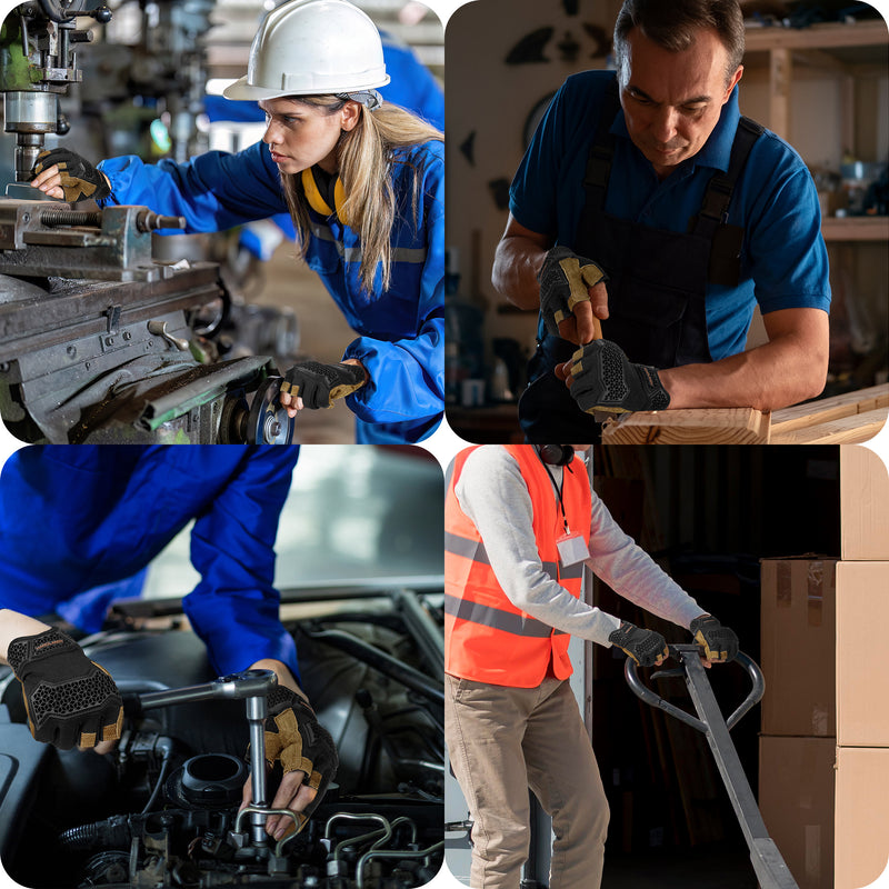 HANDLANDY  Fingerless Work Gloves for Men, Half Finger Working Glove Grip Shock-Absorbing Breathable Uwrist TPR Anti-collision Gloves for Mens & Women6355 6358