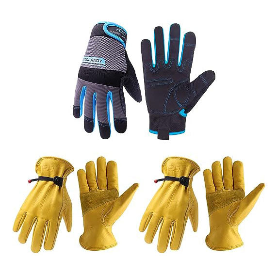 HANDLANDY Bundle: 2 Pairs Cowhide Leather Work Gloves with 1 Pairs Ultralight Work Gloves
