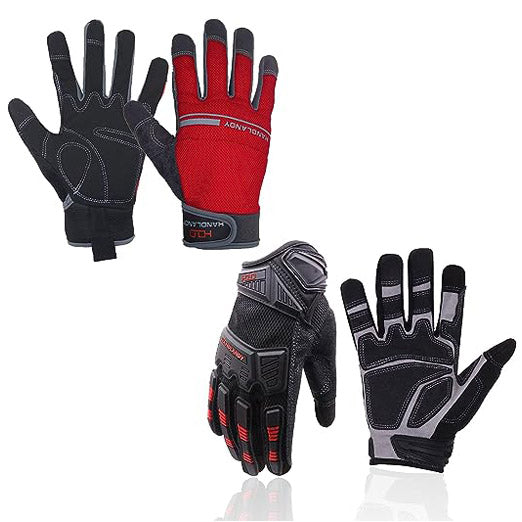 Handlandy Bundle - 2 Pairs: Black Impact Reducing Breathable Gloves, Red Utility Mechanic Working Touch Screen Yard Work Gloves for Women and Men Couples