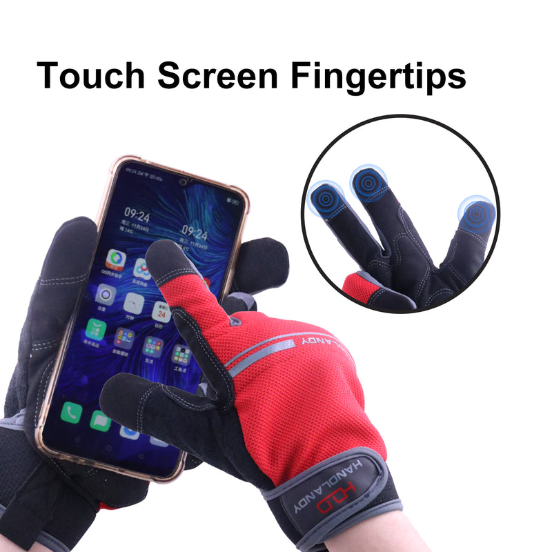 Handlandy Bundle - 2 Pairs: Black Impact Reducing Breathable Gloves, Red Utility Mechanic Working Touch Screen Yard Work Gloves for Women and Men Couples