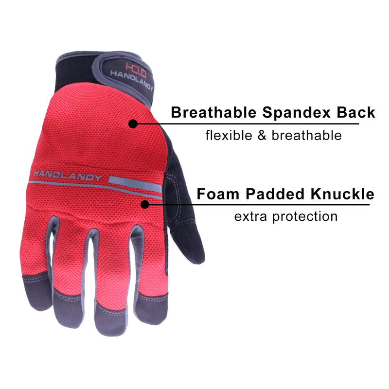 Handlandy Bundle - 2 Pairs: Black Impact Reducing Breathable Gloves, Red Utility Mechanic Working Touch Screen Yard Work Gloves for Women and Men Couples