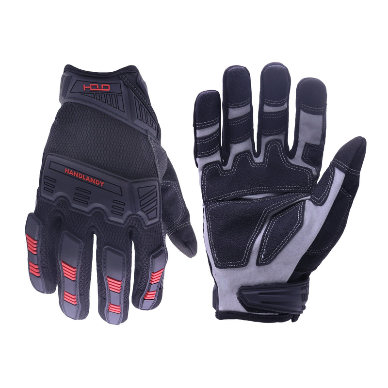 Handlandy Bundle - 2 Pairs: Black Impact Reducing Breathable Gloves, Red Utility Mechanic Working Touch Screen Yard Work Gloves for Women and Men Couples