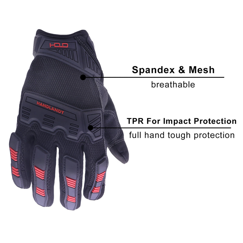 Handlandy Bundle - 2 Pairs: Black Impact Reducing Breathable Gloves, Red Utility Mechanic Working Touch Screen Yard Work Gloves for Women and Men Couples
