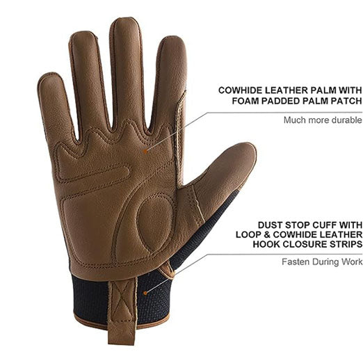 HANDLANDY Bundle - 2 Pairs Heavy Duty Anti Vibration Mechanic Work Gloves with Cowhide Leather Work Gloves