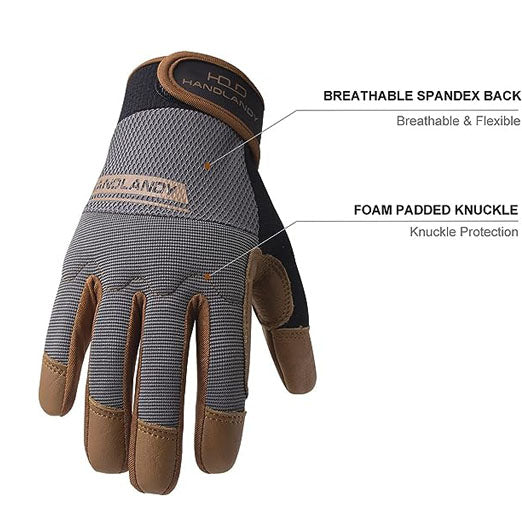 HANDLANDY Bundle: 2 Pairs Cowhide Leather Work Gloves with 1 Pairs Breathable Utility Work Gloves