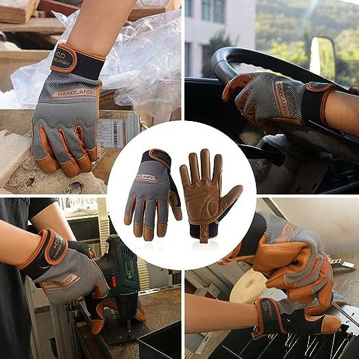 HANDLANDY Bundle: 2 Pairs Cowhide Leather Work Gloves with 1 Pairs Breathable Utility Work Gloves
