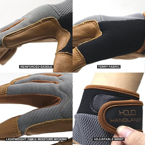 HANDLANDY Bundle: 2 Pairs Cowhide Leather Work Gloves with 1 Pairs Breathable Utility Work Gloves