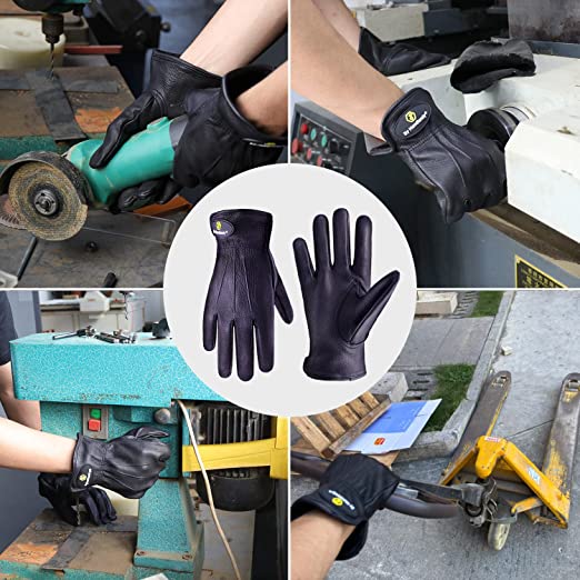 HANDLANDY Bundle: 2 Pairs Cowhide Leather Work Gloves with 1 Pairs Breathable Utility Work Gloves