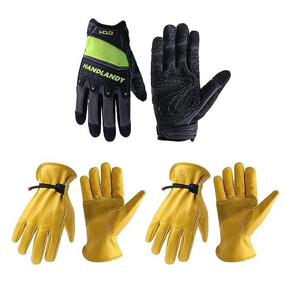 HANDLANDY Bundle: 2 Pairs Cowhide Leather Work Gloves with 1 Pairs Silicone Grip Work Gloves