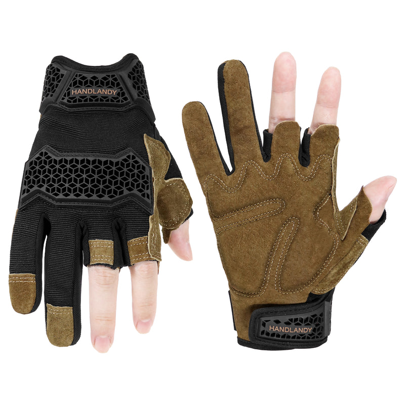 HANDLANDY  Fingerless Work Gloves for Men, Half Finger Working Glove Grip Shock-Absorbing Breathable Uwrist TPR Anti-collision Gloves for Mens & Women6355 6358