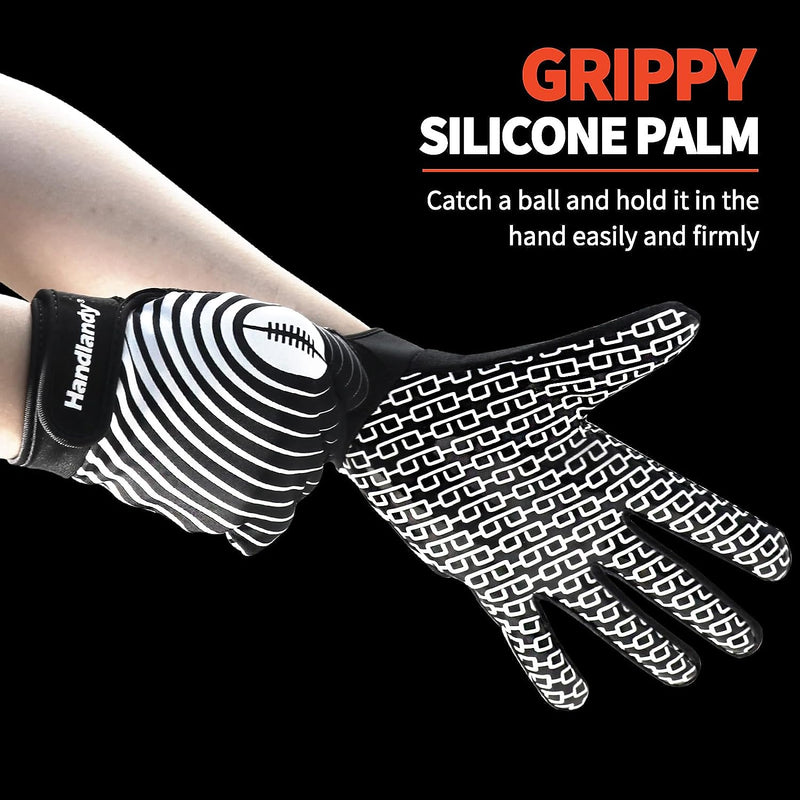 HANDLANDY Youth Football Gloves, Sticky Wide Receiver Gloves for Kids & Adult, White and Gold Rugby Gloves  S736
