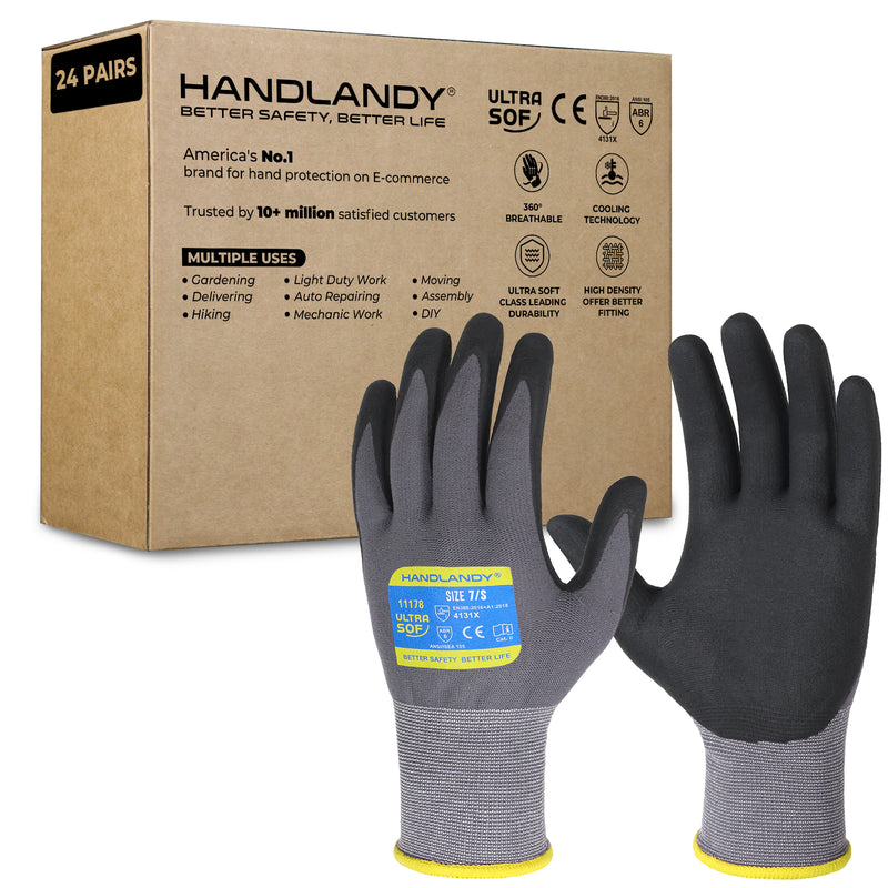 HANDLANDY 6/12/24 Pairs Safety Work Gloves with MicroFoam Nitrile Coated - Breathable Nylon Gloves with Grip for Men & Womem 11178