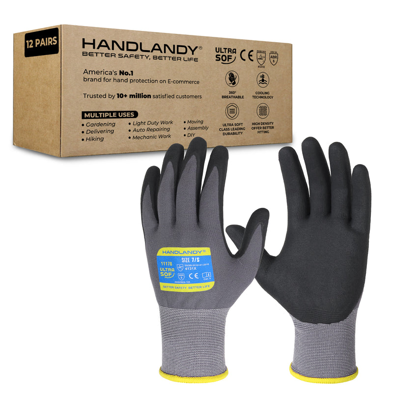 HANDLANDY 6/12/24 Pairs Safety Work Gloves with MicroFoam Nitrile Coated - Breathable Nylon Gloves with Grip for Men & Womem 11178