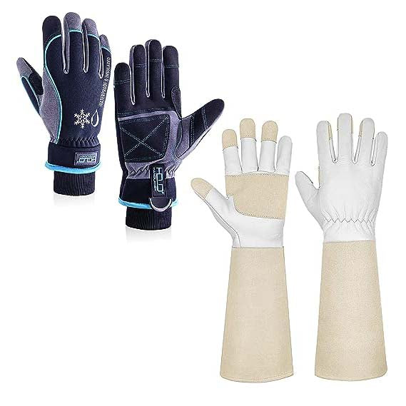 HANDLANDY Bundle: 1 Pairs Long Leather Gardening Gloves with 1 Pairs Waterproof & Windproof Winter Gloves for Men