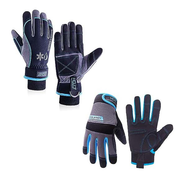 HANDLANDY Bundle: 1 Pairs Ultralight Mens Work Gloves Blue with 1 Pairs Waterproof & Windproof Winter Gloves