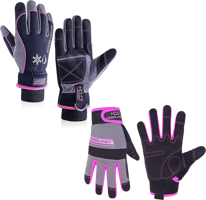 HANDLANDY Bundle: 1 Pairs Ultralight Womens Work Gloves + 1 Pairs Waterproof & Windproof Winter Gloves