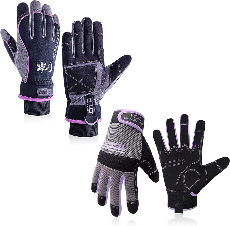 HANDLANDY Bundle: 1 Pairs Ultralight Womens Work Gloves + 1 Pairs Waterproof & Windproof Winter Gloves