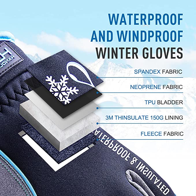 HANDLANDY Bundle: 1 Pairs Ultralight Mens Work Gloves Blue with 1 Pairs Waterproof & Windproof Winter Gloves