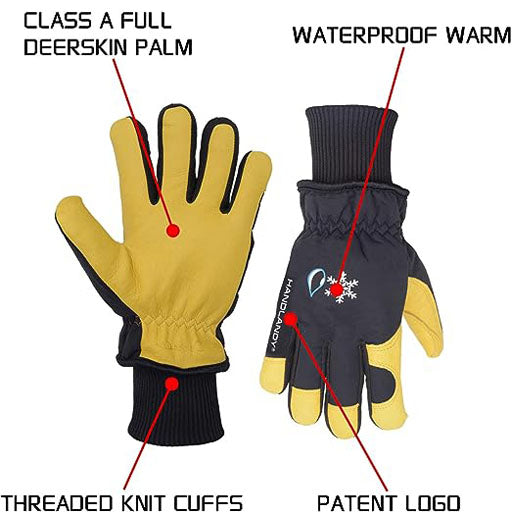 Handlandy Winter Work Gloves Waterproof Deerskin Leather 8019