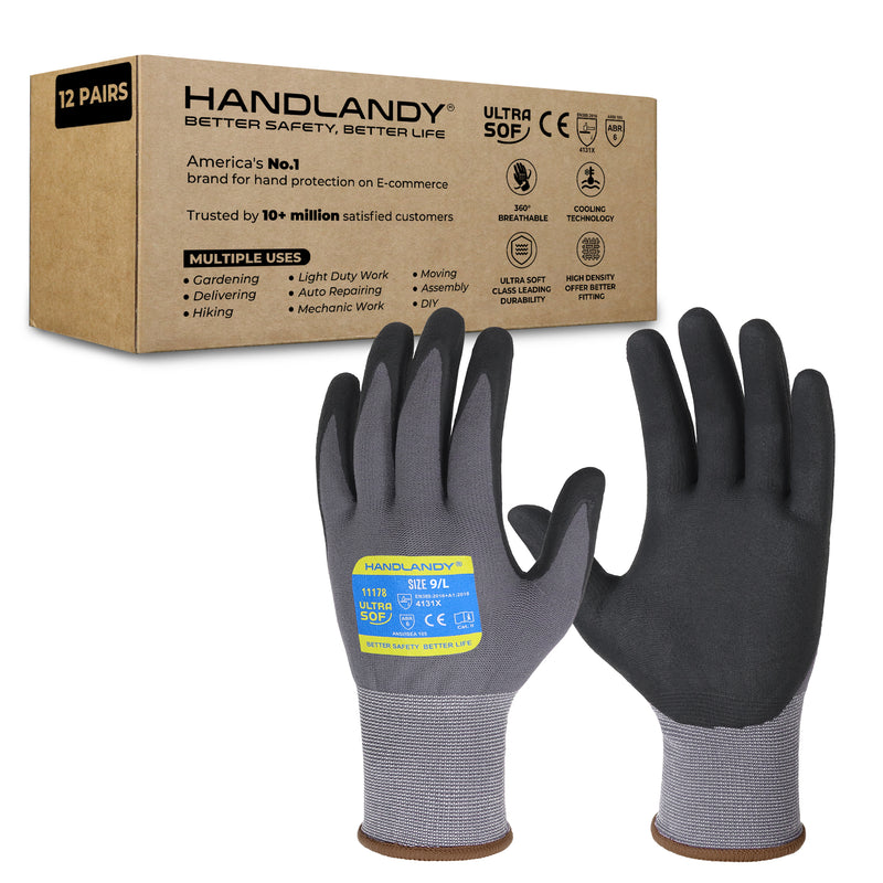 HANDLANDY 6/12/24 Pairs Safety Work Gloves with MicroFoam Nitrile Coated - Breathable Nylon Gloves with Grip for Men & Womem 11178