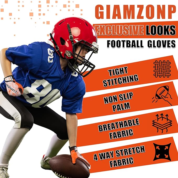 GIAMZONP Youth Football Gloves - Sticky Wide Receiver Gloves for Kids, Stretch Fit for Enhanced Performance for Boys S761