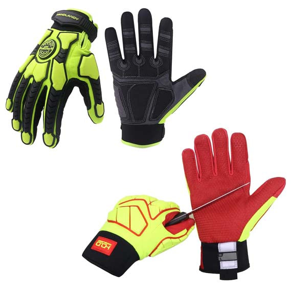 HANDLANDY Bundle -2 Pairs Heavy Duty Anti Vibration Mechanic Work Gloves with HI-VIS Oil Gas Resistant Work Gloves, Cut Resistant TPR Impact Utility Gloves