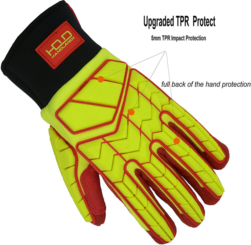 HANDLANDY Bundle -2 Pairs Heavy Duty Anti Vibration Mechanic Work Gloves with HI-VIS Oil Gas Resistant Work Gloves, Cut Resistant TPR Impact Utility Gloves