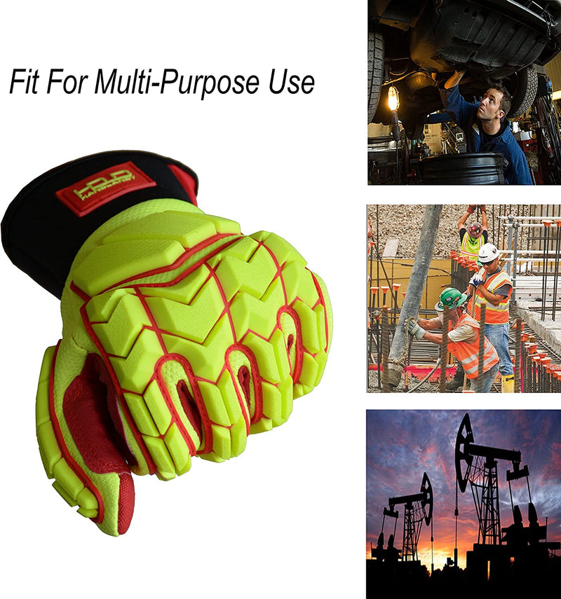 HANDLANDY Bundle -2 Pairs Heavy Duty Anti Vibration Mechanic Work Gloves with HI-VIS Oil Gas Resistant Work Gloves, Cut Resistant TPR Impact Utility Gloves
