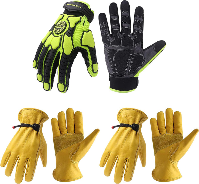 HANDLANDY Bundle - 2 Pairs Cowhide Leather Work Gloves  with 1 Pairs Heavy Duty Work Gloves