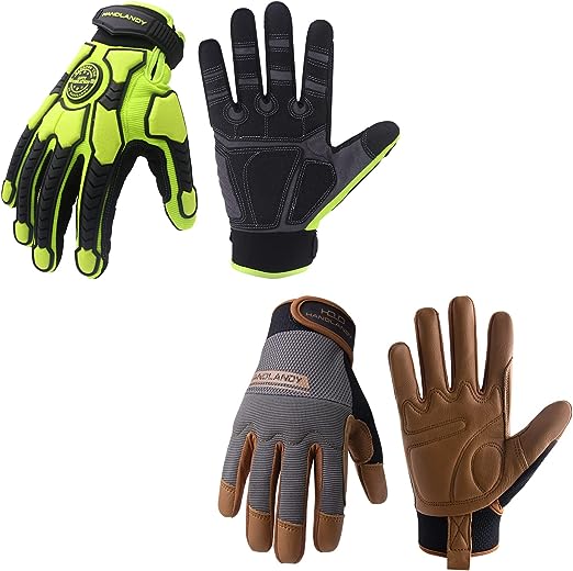 HANDLANDY Bundle - 2 Pairs Heavy Duty Anti Vibration Mechanic Work Gloves with Cowhide Leather Work Gloves