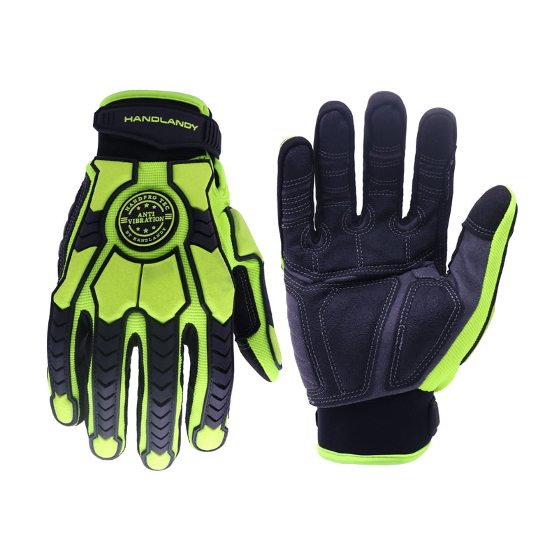 HANDLANDY Bundle -2 Pairs Heavy Duty Anti Vibration Mechanic Work Gloves with HI-VIS Oil Gas Resistant Work Gloves, Cut Resistant TPR Impact Utility Gloves
