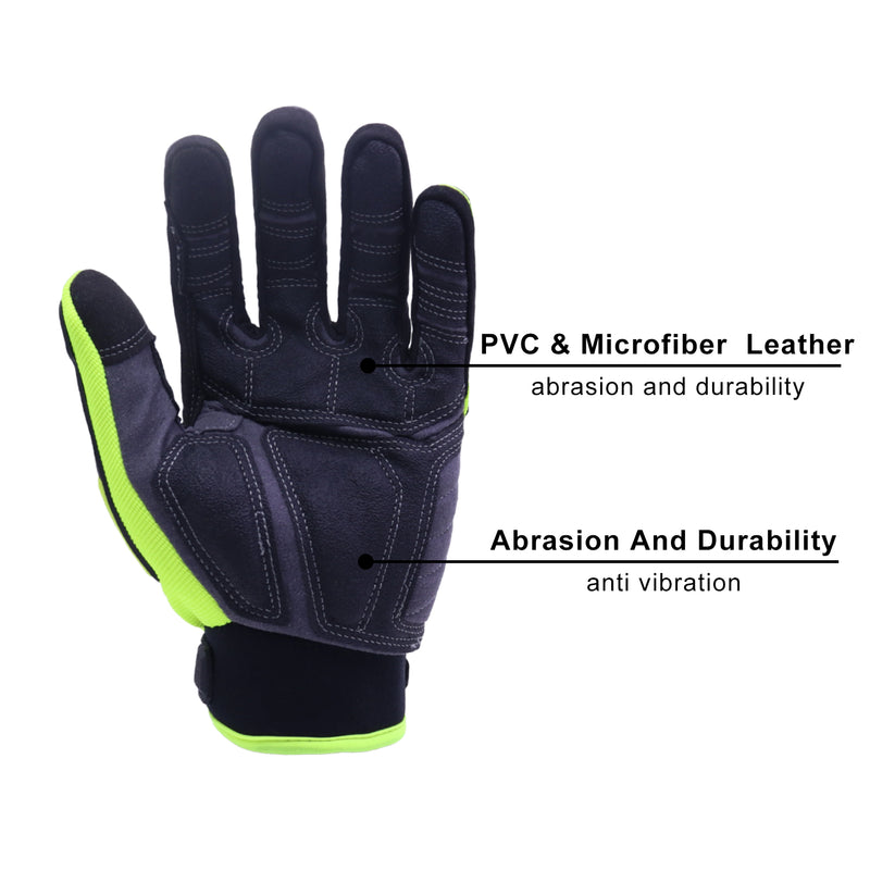 HANDLANDY Bundle -2 Pairs Heavy Duty Anti Vibration Mechanic Work Gloves with HI-VIS Oil Gas Resistant Work Gloves, Cut Resistant TPR Impact Utility Gloves