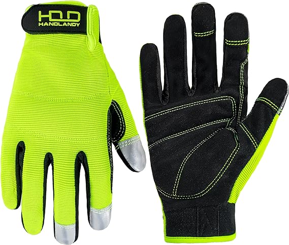 HANDLANDY Mens Hi-vis Reflective Safety Work Gloves Touch screen, Synthetic Leather Padded Utility Gloves 5972HVY