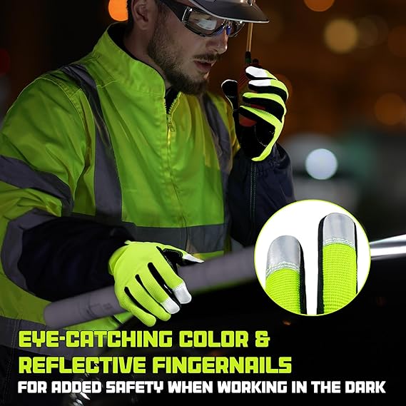 HANDLANDY Mens Hi-vis Reflective Safety Work Gloves Touch screen, Synthetic Leather Padded Utility Gloves 5972HVY