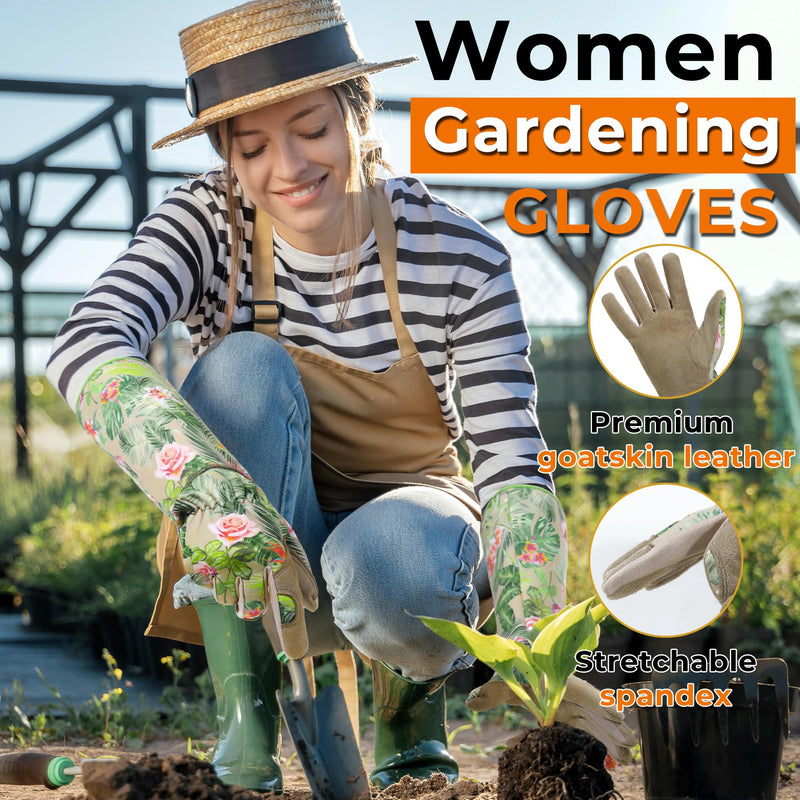 ladies thornproof gardening gloves HANDLANDY Women Gardening Gloves, Thorn Proof Breathable Ladies Rose Pruning Garden Gauntlet Yard Gloves5215/5211 S / 3 Pairs / Green-floral Print