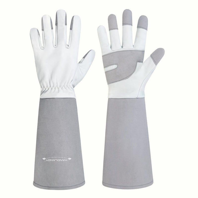 gardening gloves white HANDLANDY Long Gardening Gloves for Men & Women, Thorn Proof Rose Pruning Gloves Leather Gauntlets Garden Gloves Yard Work Gloves (Medium, Grey)