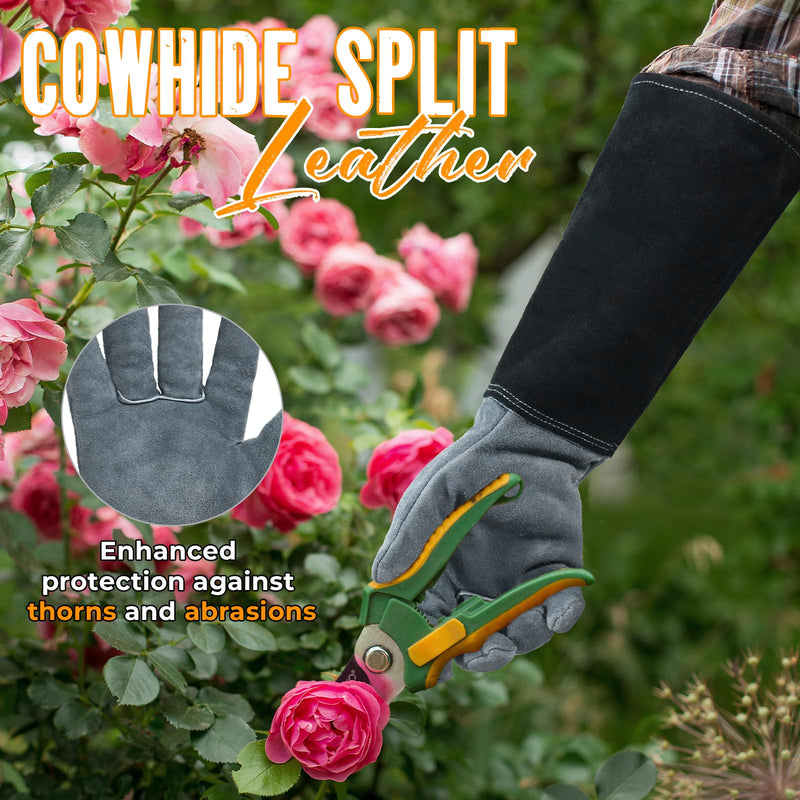 HANDLANDY Long Gardening Gloves for Men & Women, Cowhide Leather Rose Pruning Gloves, Breathable Thorn Proof Gauntlet Gloves 5187/5210