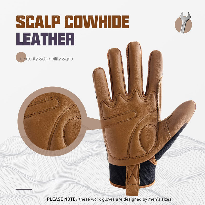 Handlandy Leather Work Gloves Utility Safety Driver Cowhide Palm 6169