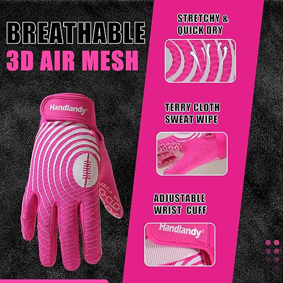 HANDLANDY Youth Sticky Wide Receiver Gloves Pink Stretch Football S757