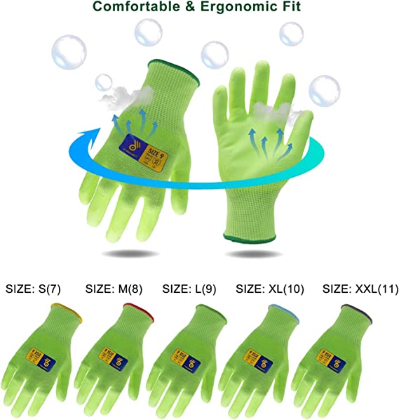 Handlandy Latex Free Gloves Gardening PU Coated ANSI CUT Level 3 1130 (6/12 Pairs)