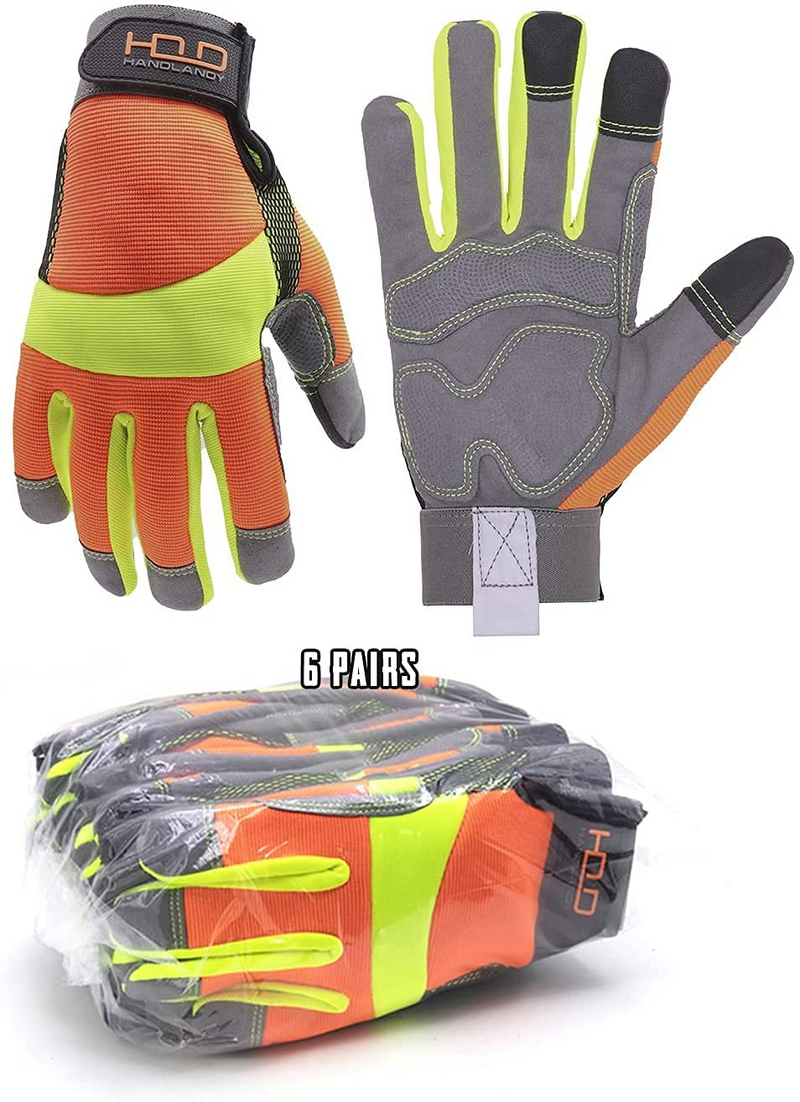 Handlandy 6/10 paires de gants de travail pour hommes, paume en cuir synthétique réfléchissant haute visibilité 5805