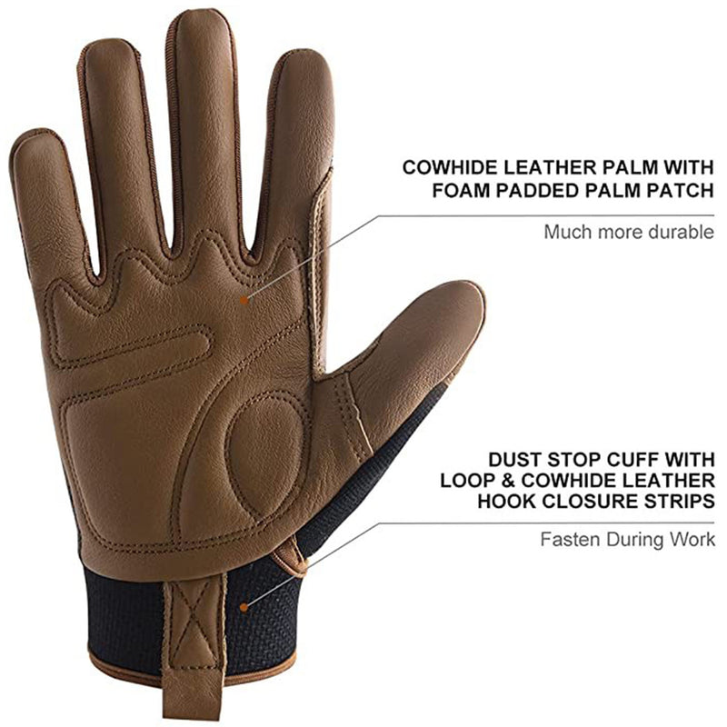 HANDLANDY Men Leather Gardening Gloves, Utility Work Gloves for Mechanics,  Construction, Driver, Dexterity Breathable Design