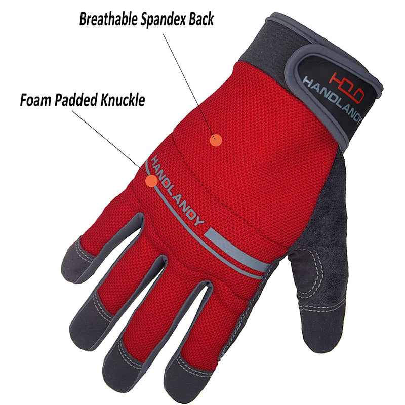 Mens Work Gloves Utility Touch Screen Breathable Spandex Rigger Padded Knuckles Working Mechanic Palm Safety Builder Dexterity Construction Gardening Camping Driving M Red