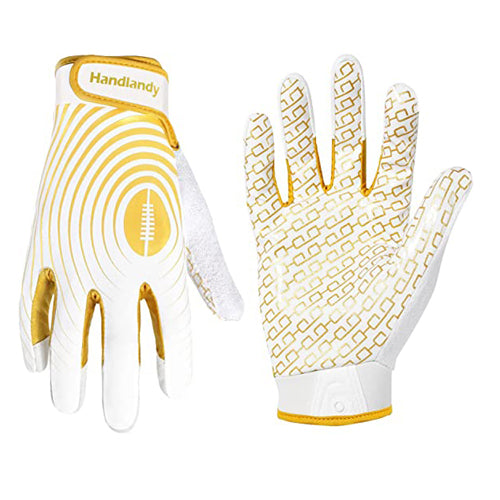 HANDLANDY Youth Football Gloves, Sticky Wide Receiver Gloves for Kids & Adult, White and Gold Rugby Gloves  S736