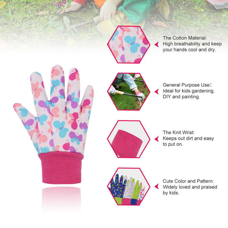 Handlandy 3 Pairs Kids Gardening Gloves Cotton Butterfly Great Comfort 5094