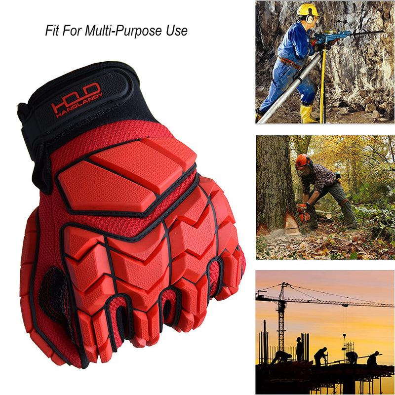 Handlandy Anti Vibration Gloves, SBR Padding, TPR Protector Impact Gloves, Men Mechanic Work Gloves, Large, Men's, Red