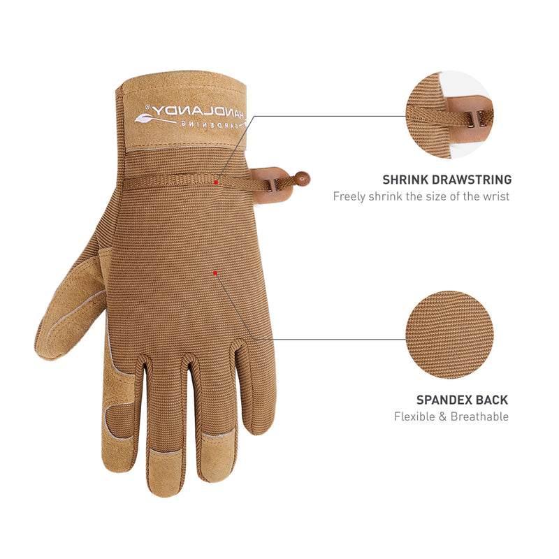 handlandy gardening gloves Handlandy Women Gardening Gloves Heavy Duty Leather Yard Work 6167 Medium / Khaki / 1 Pair
